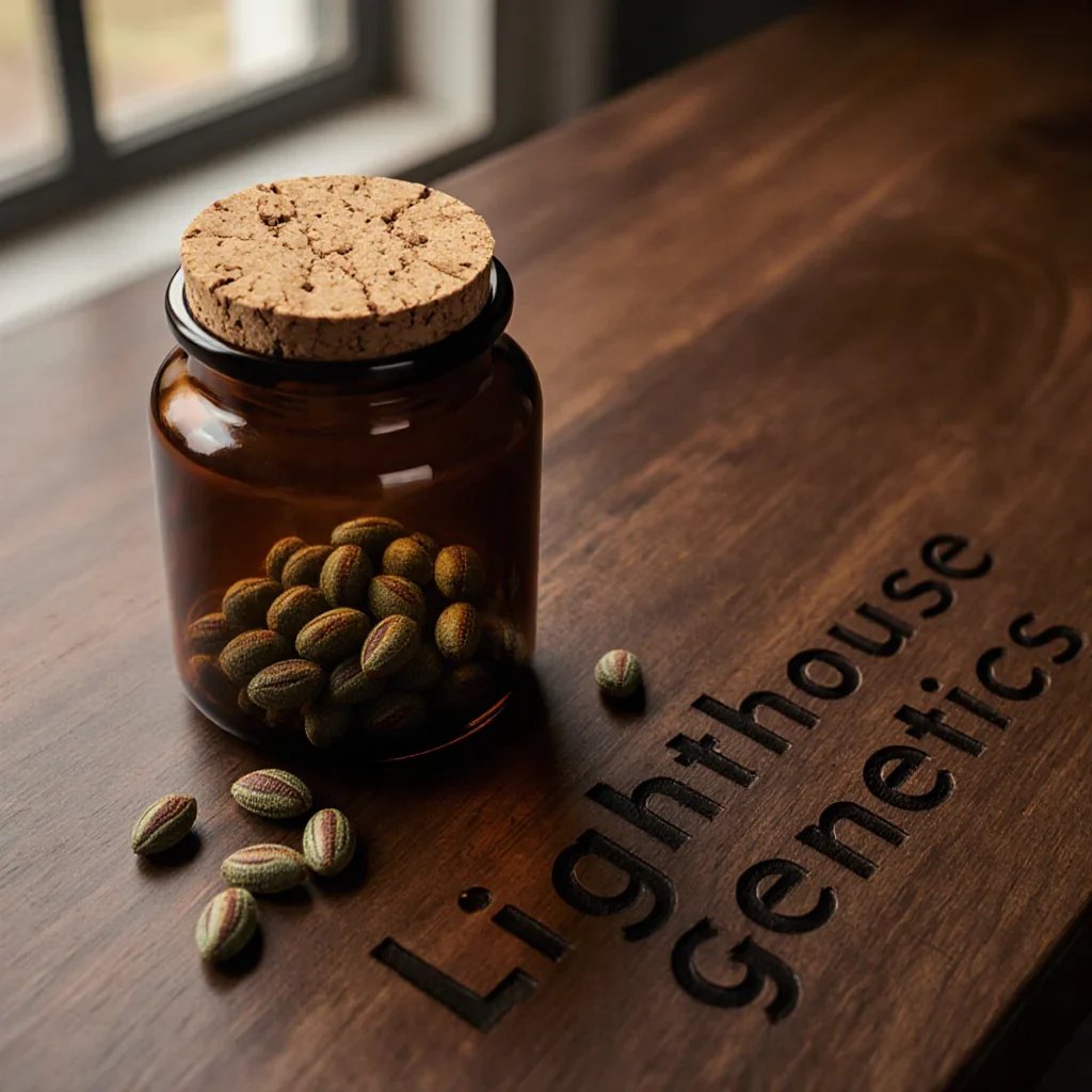 How to store cannabis seeds — sealed amber glass jar with seeds on a wooden table