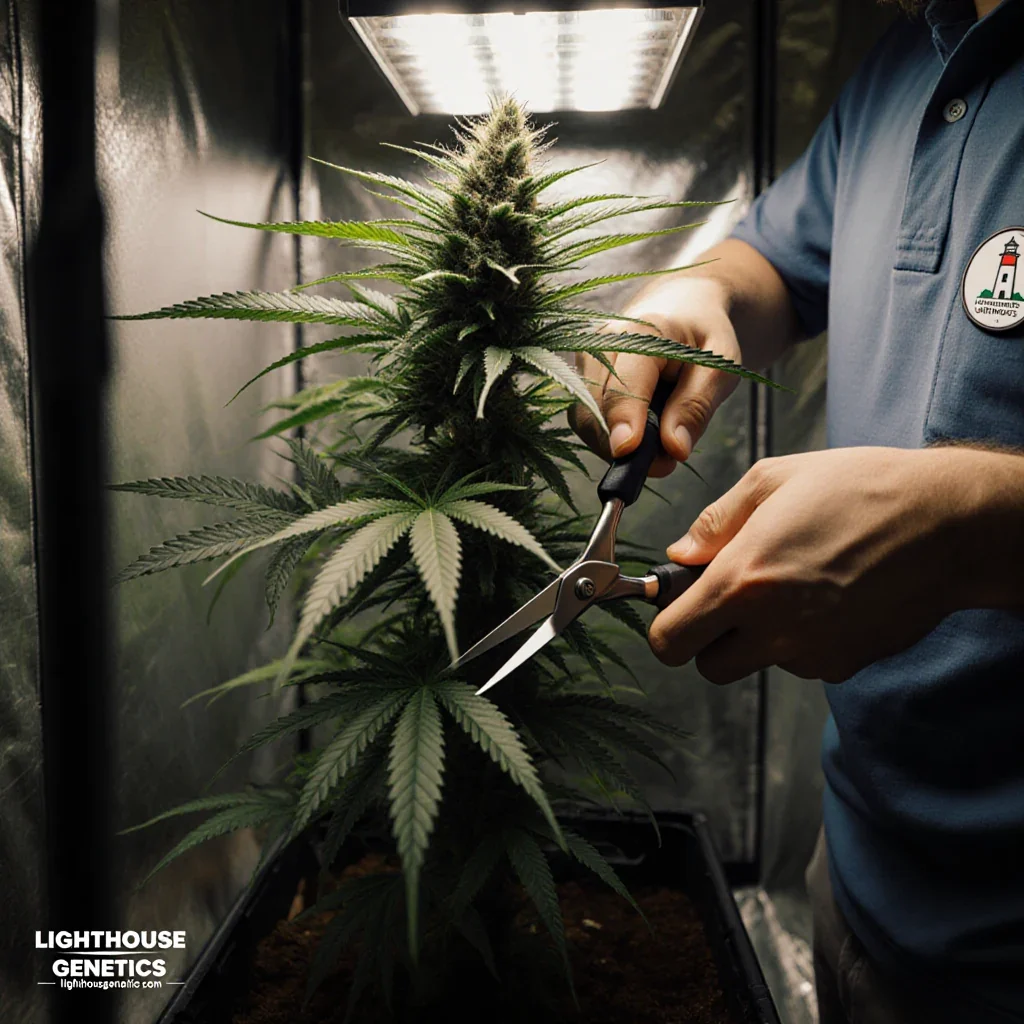 Grower performing careful selective defoliation on cannabis plant removing only shading fan leaves with clean scissors