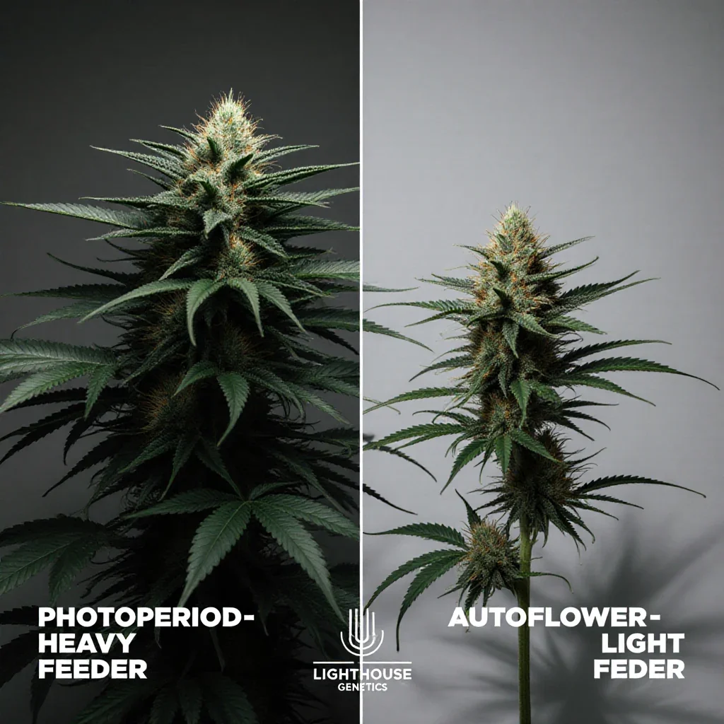 Two cannabis plants side by side in flower showing different nitrogen needs and responses by genetics