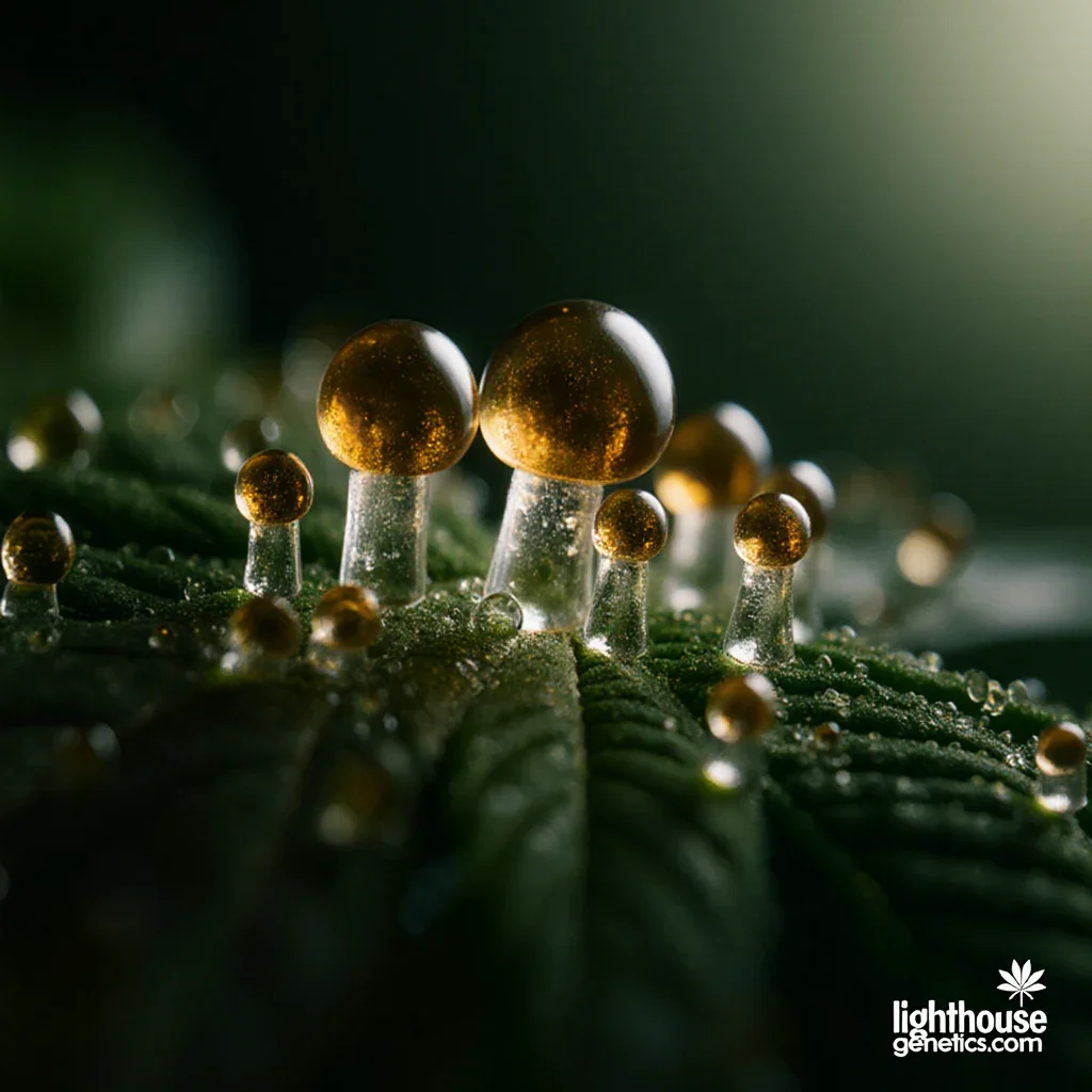 Cannabis trichome close-up showing resin production — the site of THC biosynthesis