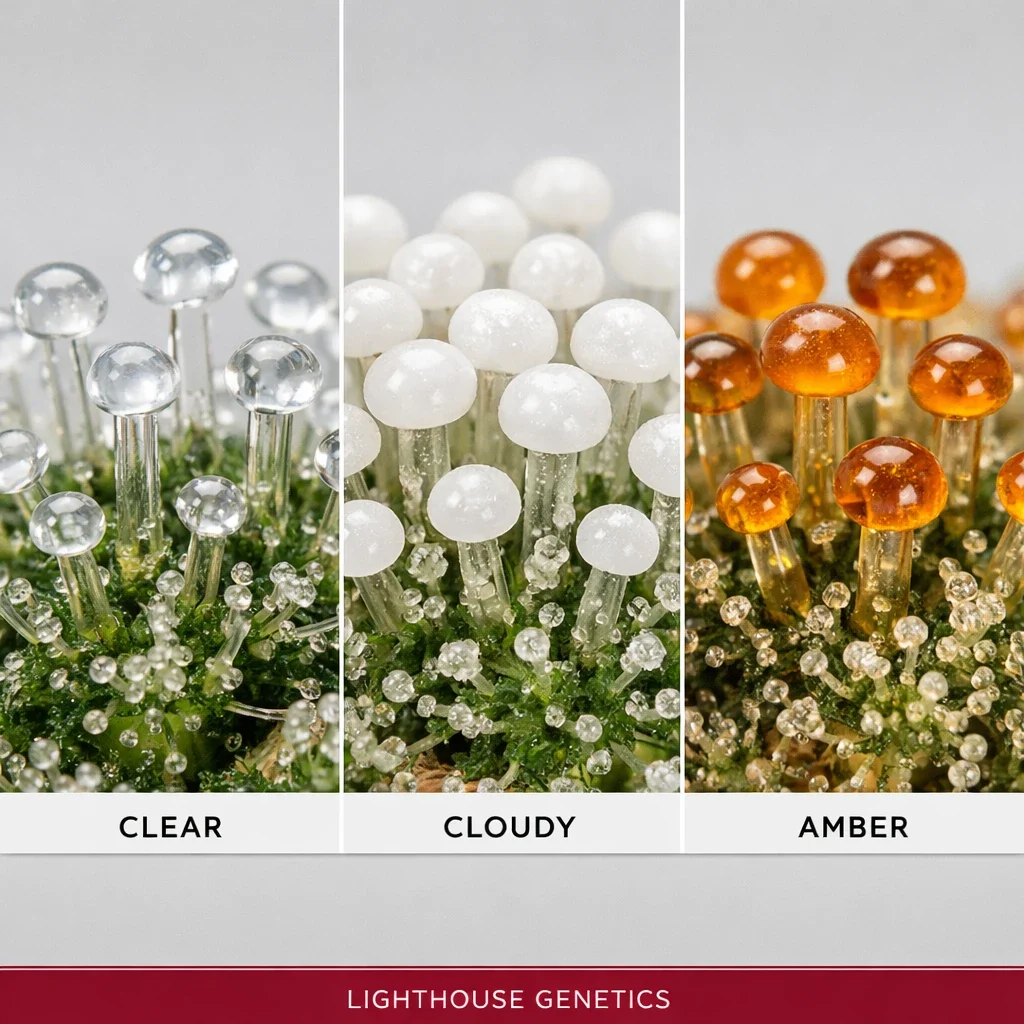 Trichome color stages used to decide when to harvest cannabis — clear, cloudy milky white, and amber brown trichome heads side by side under macro magnification