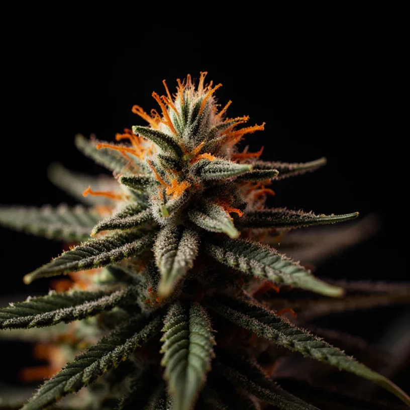 Close-up of cannabis flower with trichomes and orange pistils
