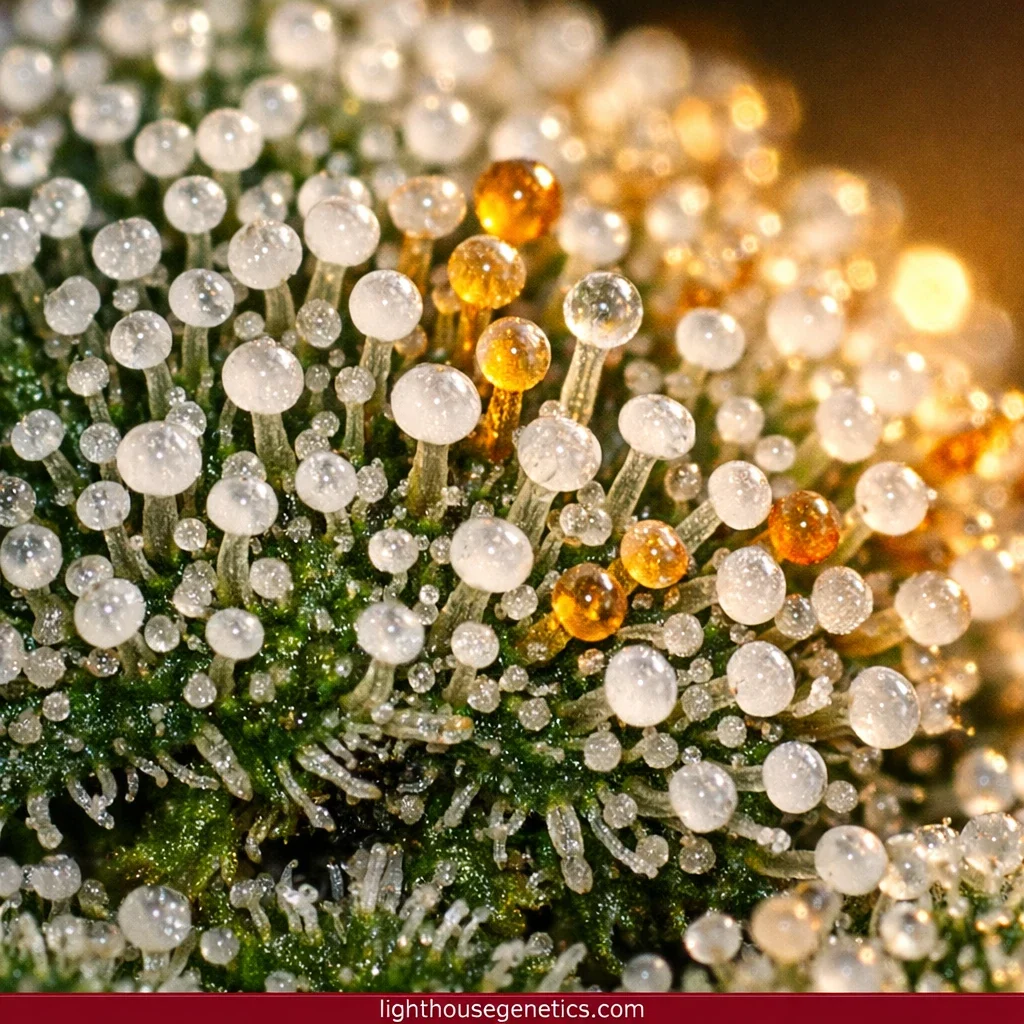 When to harvest cannabis — extreme close-up of mature cannabis trichomes showing the milky white and amber color stages used to decide harvest timing
