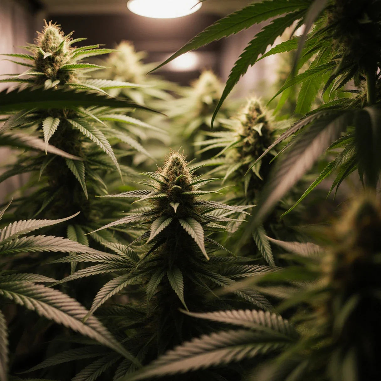 Oblique close view of a cannabis canopy in the flowering stage inside a home grow tent