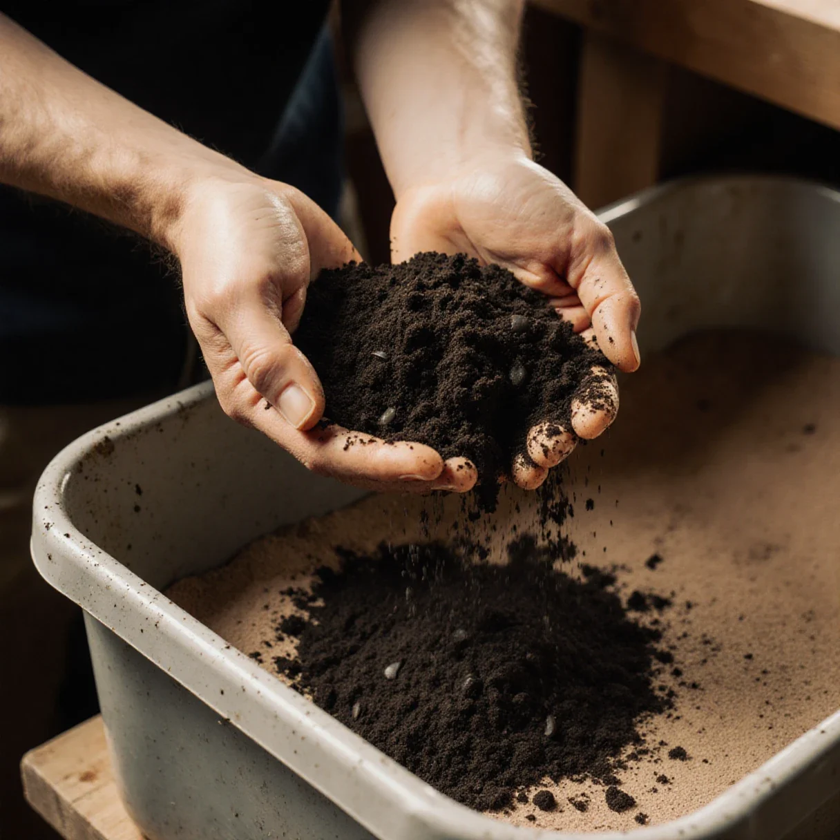 Dark worm castings being crumbled by hand into a cannabis soil mix