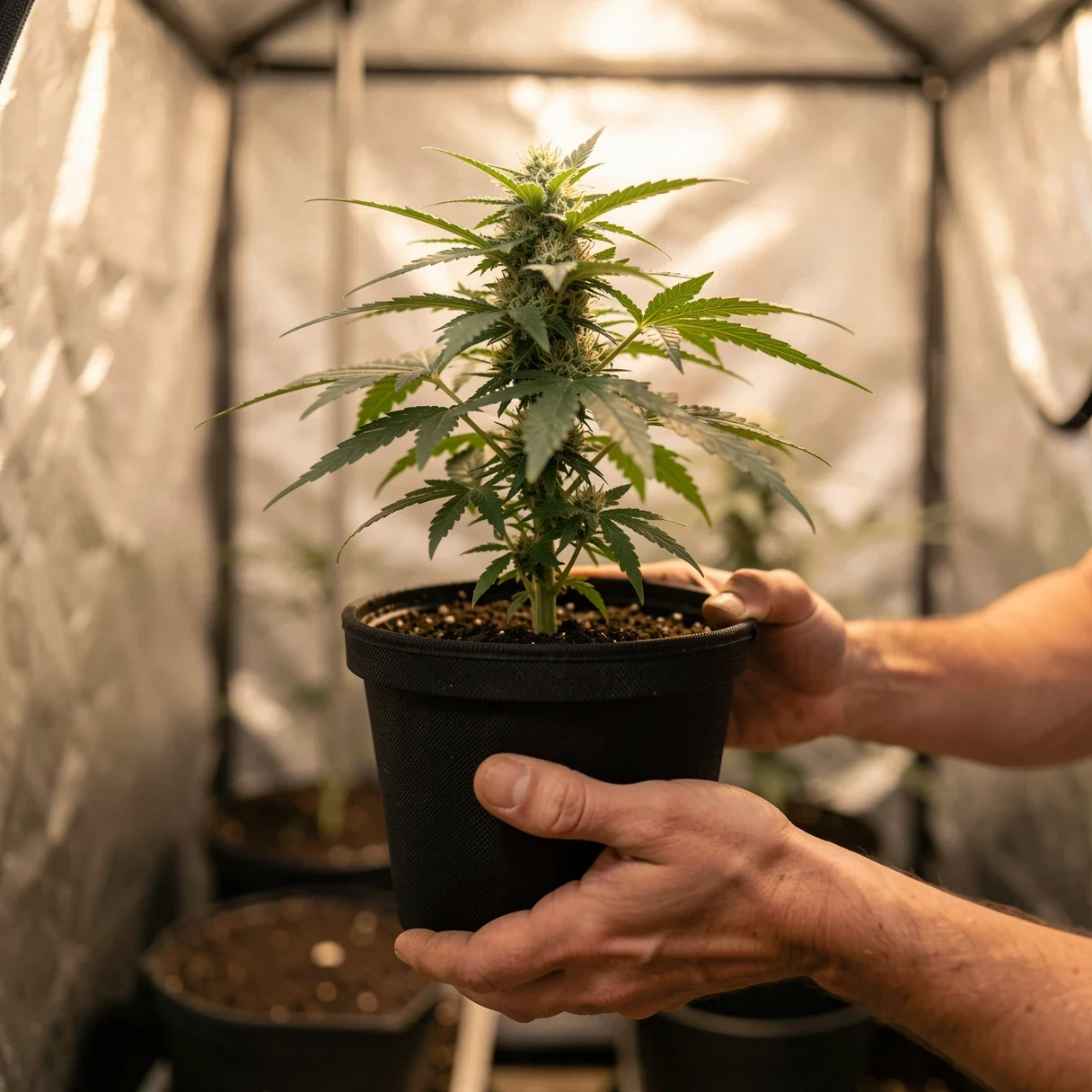 A grower lifting a fabric pot to judge its weight before watering a flowering cannabis plant