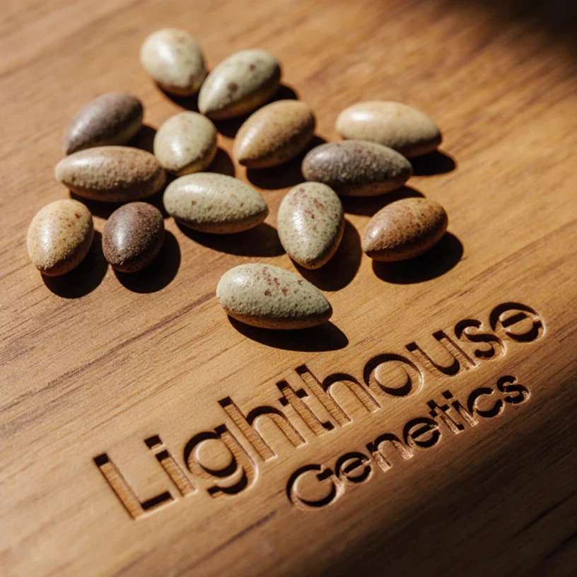 How to choose cannabis seeds — different seed varieties on a branded Lighthouse Genetics board