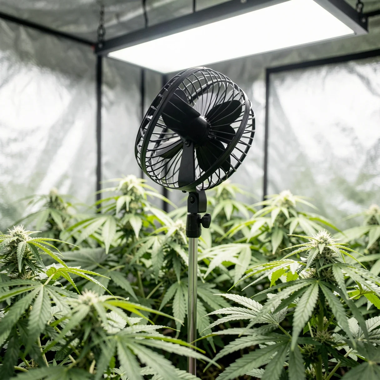 A clip-on oscillating circulation fan moving air across a cannabis canopy to keep VPD even