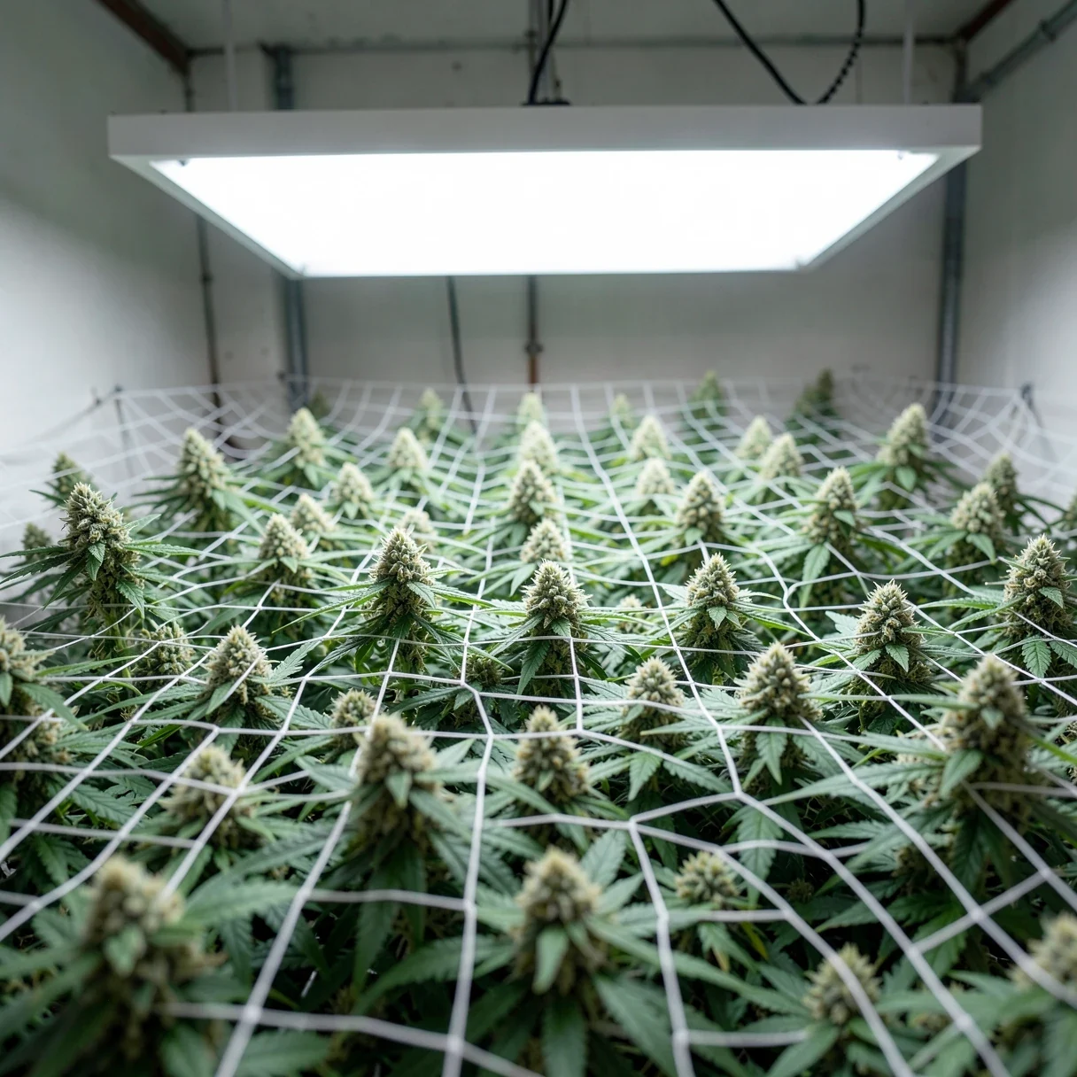 A dense cannabis canopy in flower under a bright LED grow light in an indoor grow room