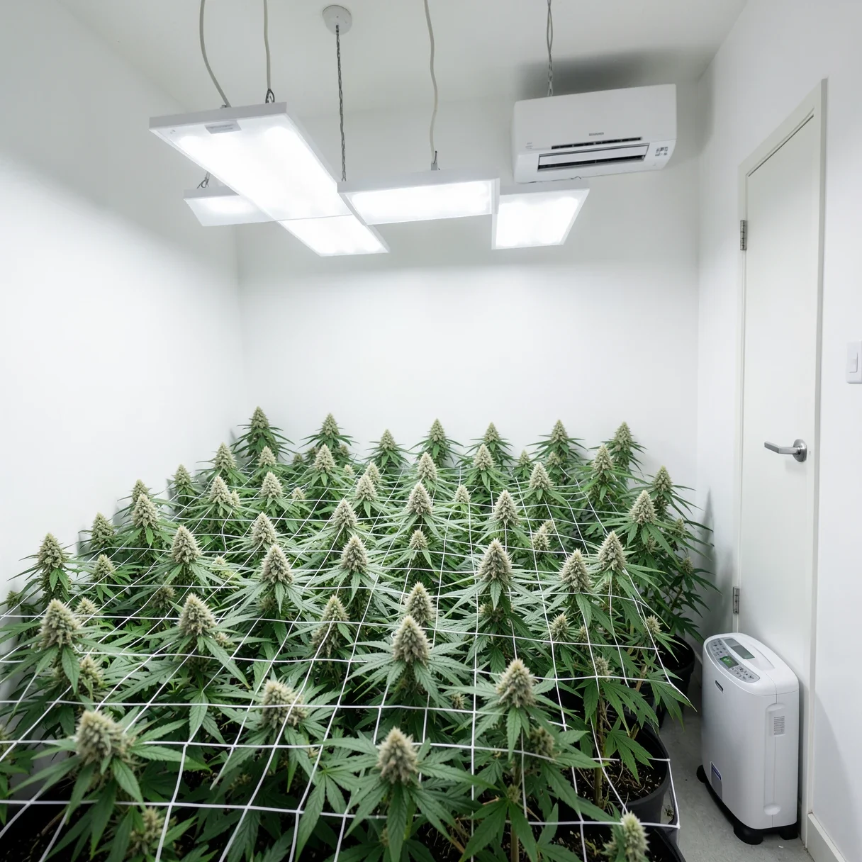 A sealed indoor cannabis grow room with flowering plants, an air conditioner and a dehumidifier