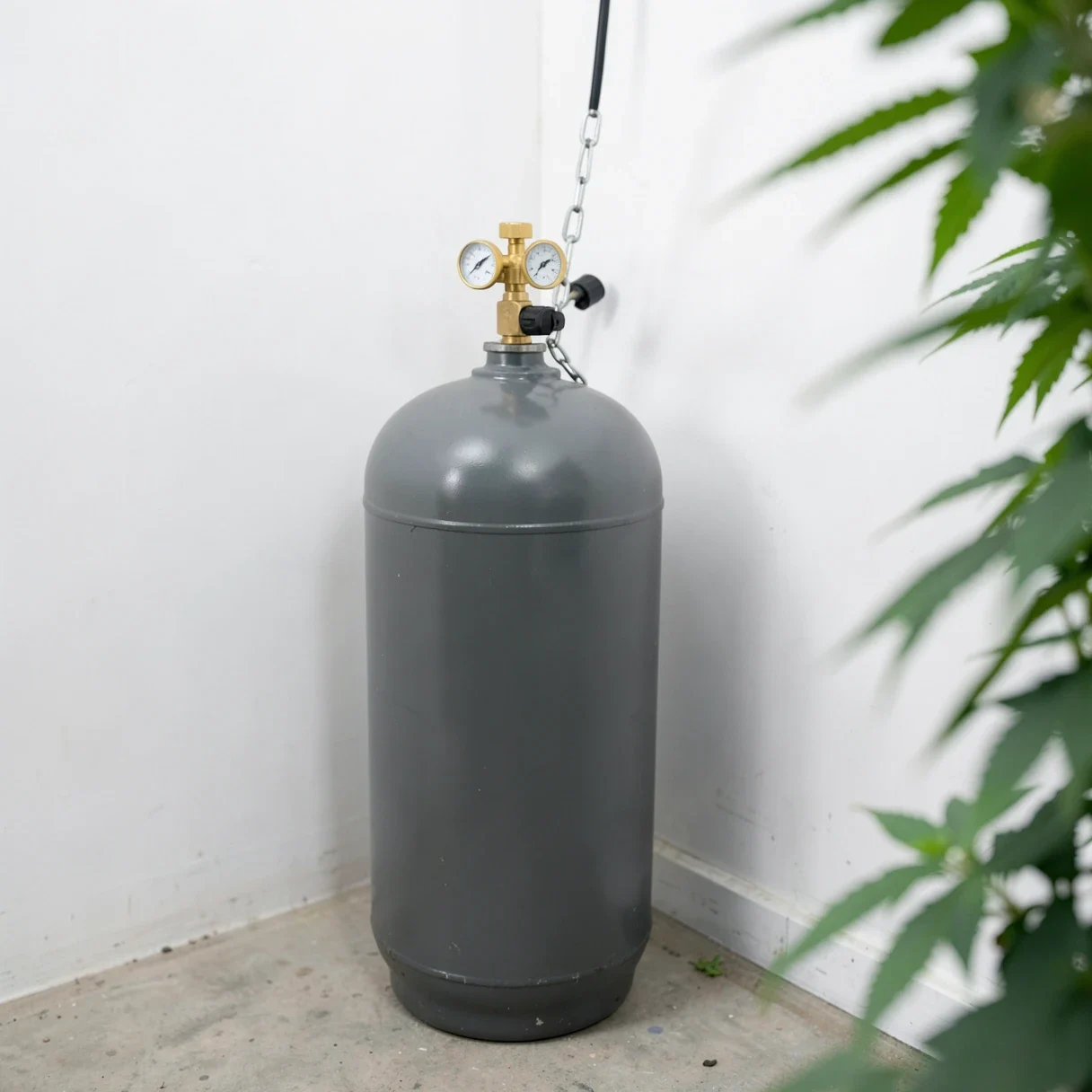 A compressed CO2 cylinder with a brass pressure regulator chained to the wall of a cannabis grow room