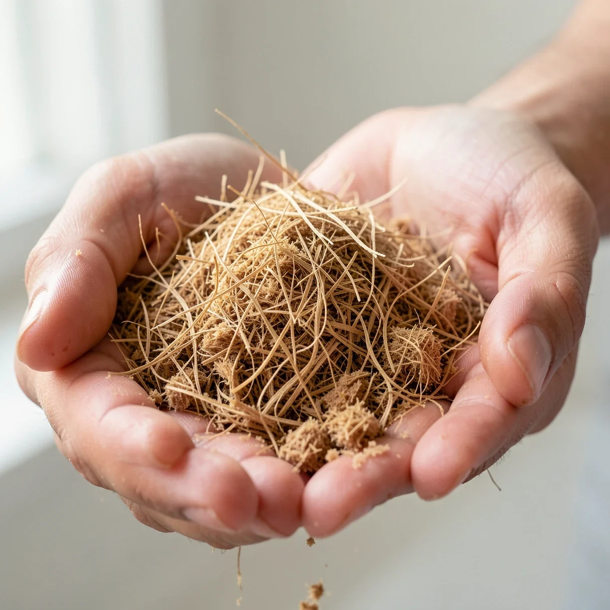 Damp light-brown coco coir held in two cupped hands, showing its fibrous texture