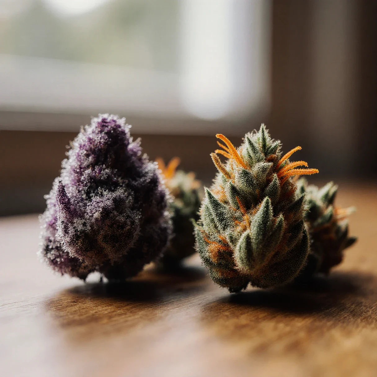A purple cannabis bud and a green cannabis bud side by side on a wooden table, both covered in white trichomes
