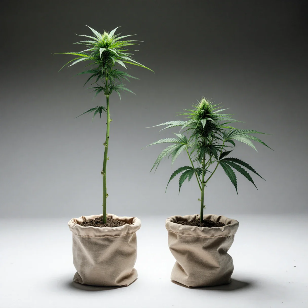 A tall sativa cannabis plant beside a short compact indica plant showing different flowering stretch