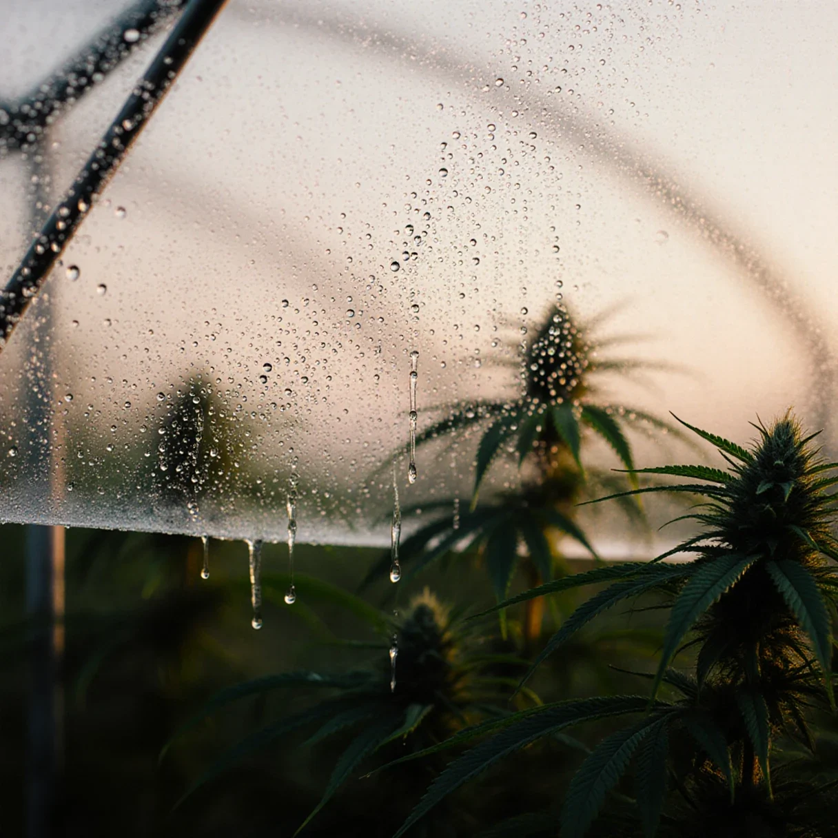 Condensation droplets on the inside of a greenhouse wall at dawn with cannabis plants behind