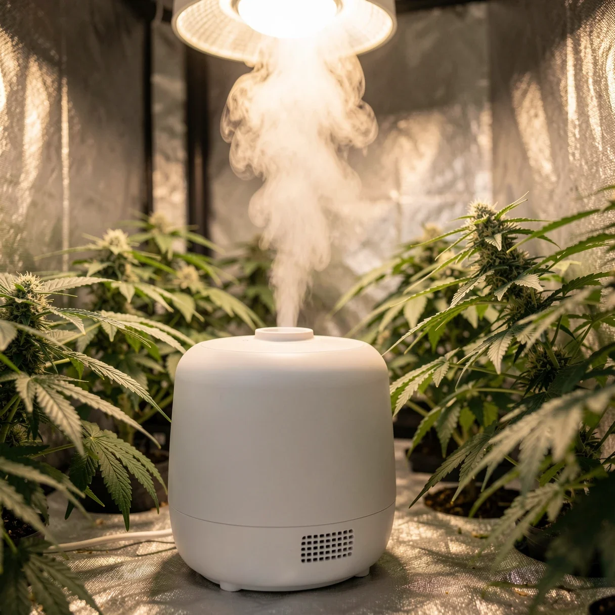 A cool-mist humidifier raising humidity in a cannabis grow tent to lower VPD