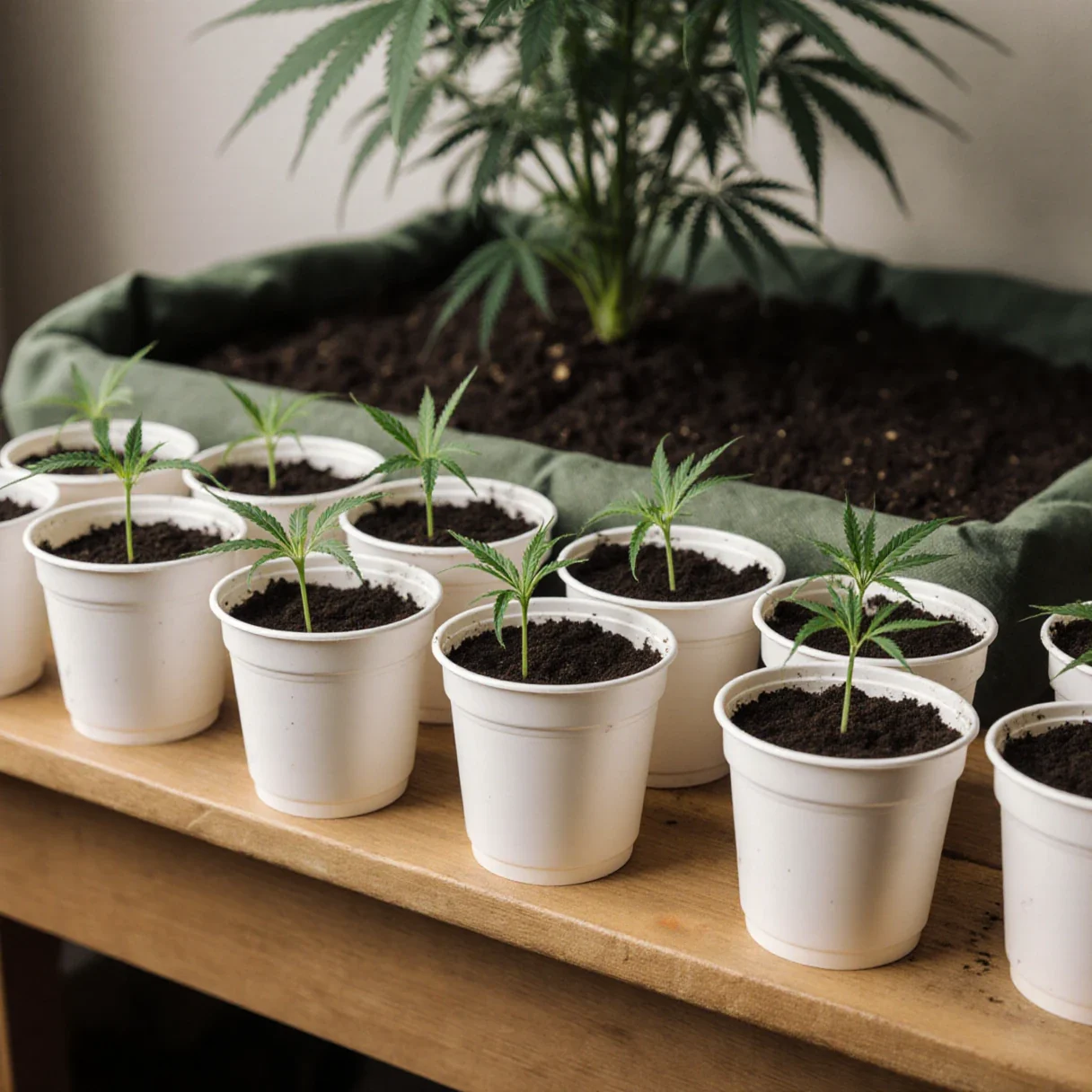 Small cups of recycled soil holding cannabis seedlings for a selection run beside a full living soil cannabis bed