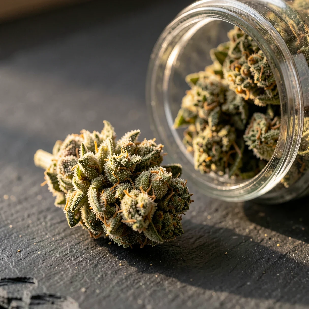 A properly cured cannabis bud broken open beside an open glass jar, showing dense structure and frosty trichomes