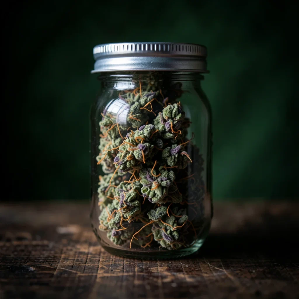 Finished cured cannabis flower in a glass mason jar — the actual end point of how long to grow cannabis from seed