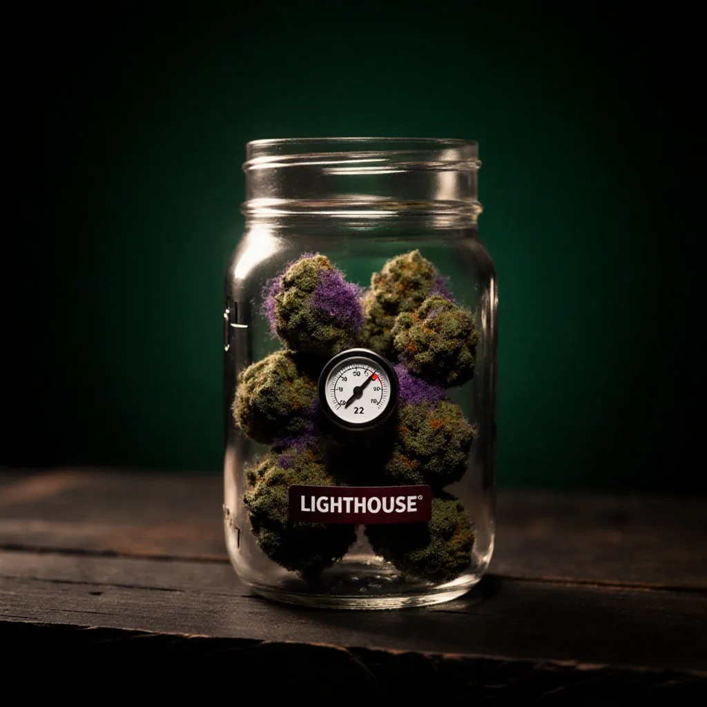 Finished cured cannabis flower in a glass mason jar — the actual end point of how long to grow cannabis from seed