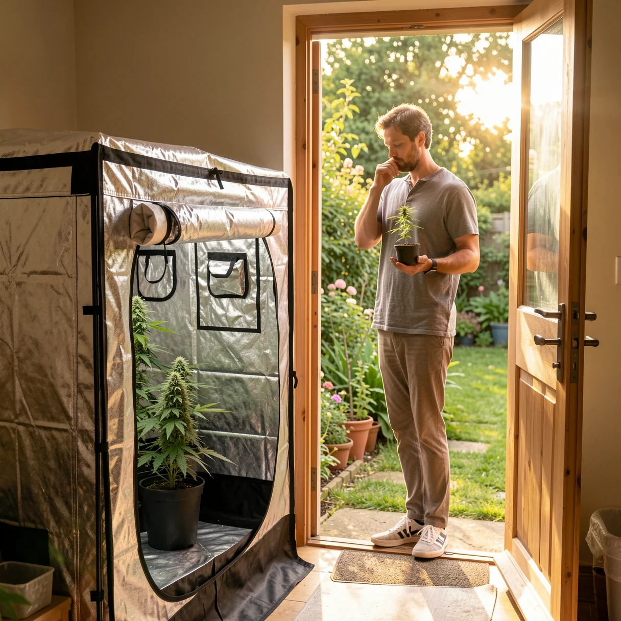 A grower deciding between indoor vs outdoor cannabis growing with a tent and a garden