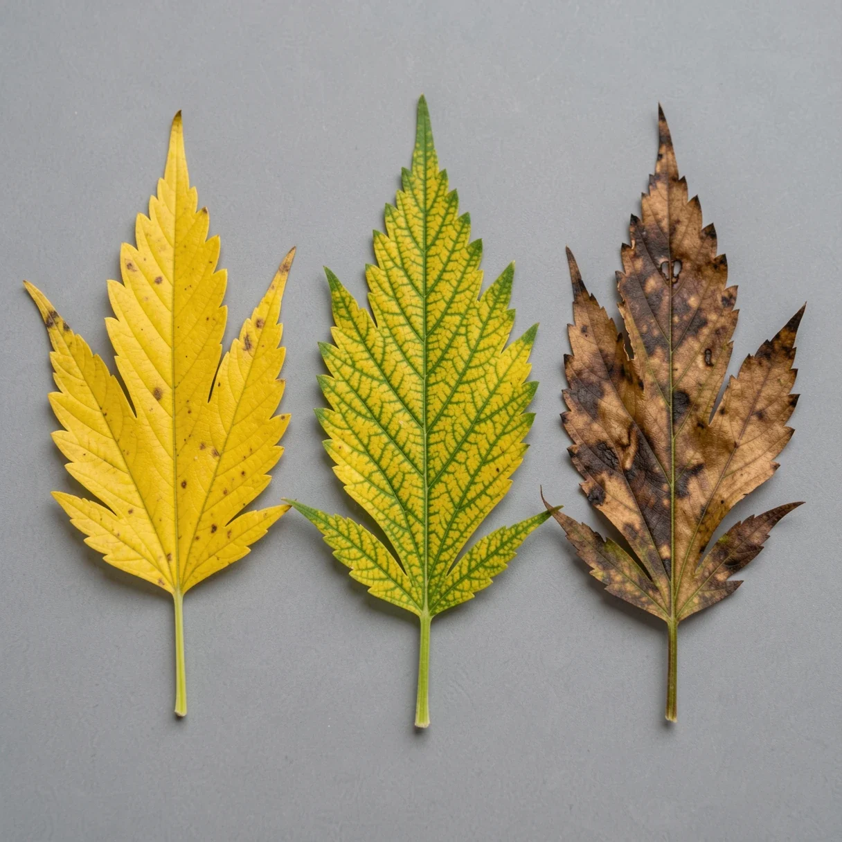 Cannabis fan leaves showing different nutrient deficiencies side by side — yellowing, interveinal chlorosis, edge burn