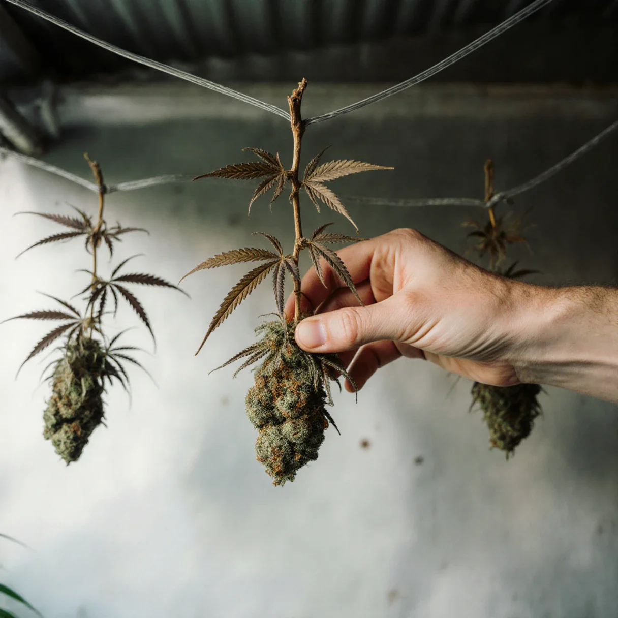 A grower checking cannabis branches in late flower hung upside down to dry