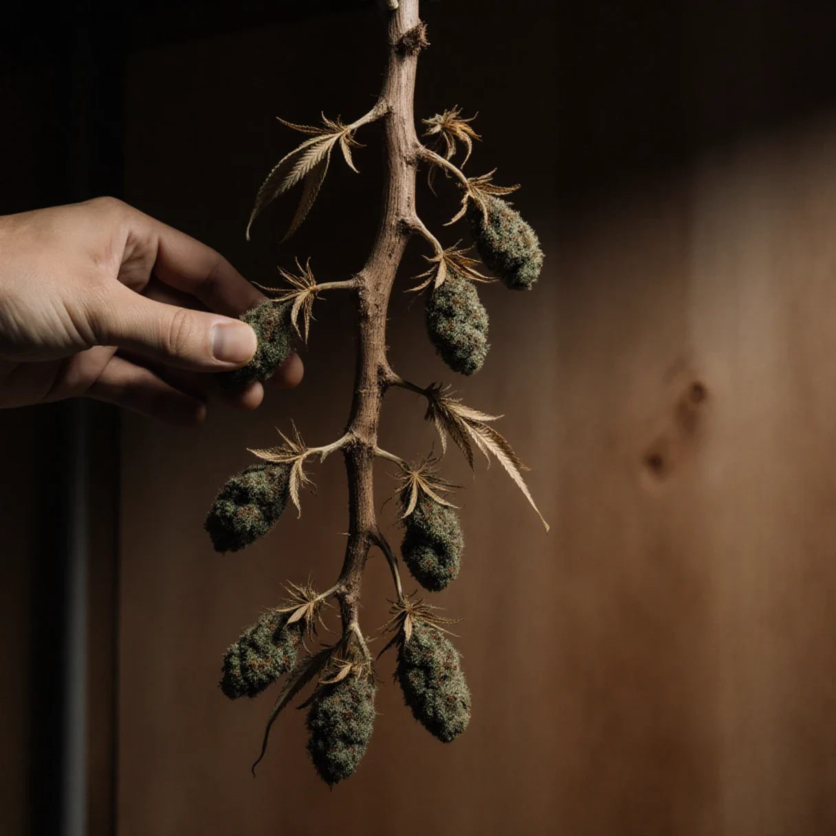 A single cannabis branch in late flower hung by its cut woody stem in a dim drying space