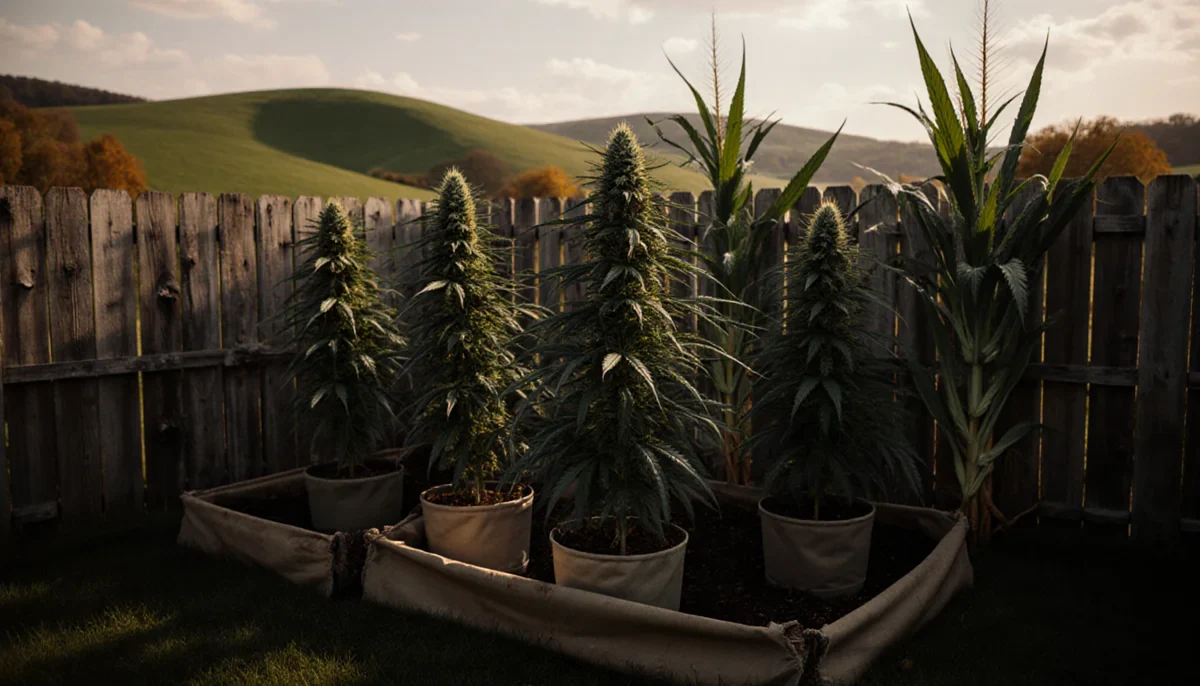 Backyard cannabis garden with multiple flowering plants in the rural Eastern US