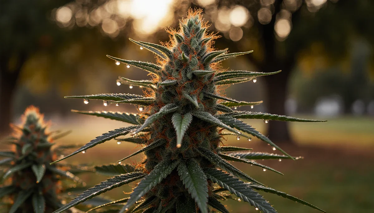 Growing cannabis outdoors in the Eastern US — flowering plant in a backyard garden at sunrise