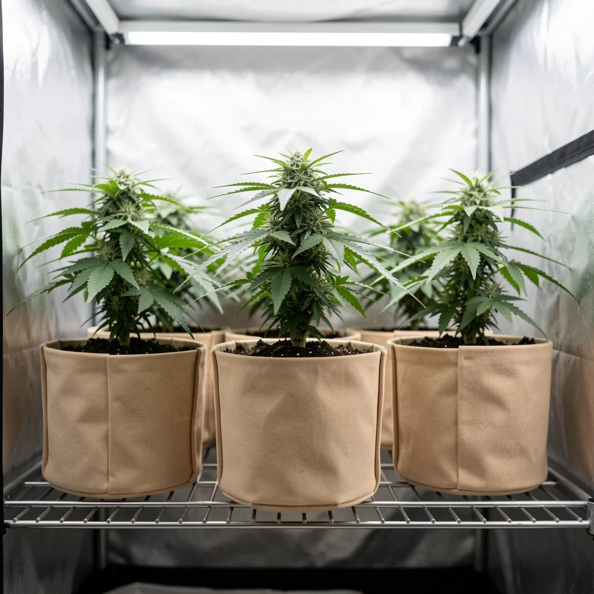 Cannabis plants in light-colored fabric pots raised off the floor on a rack to manage root zone temperature