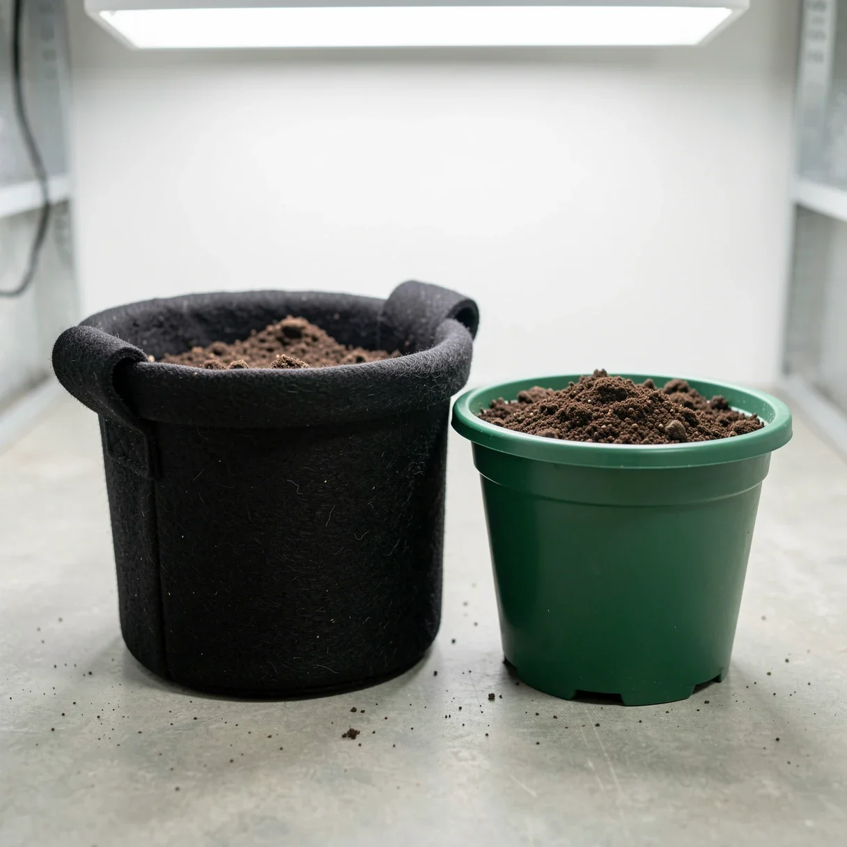 Fabric grow bag and rigid plastic pot side by side showing the difference in container wall