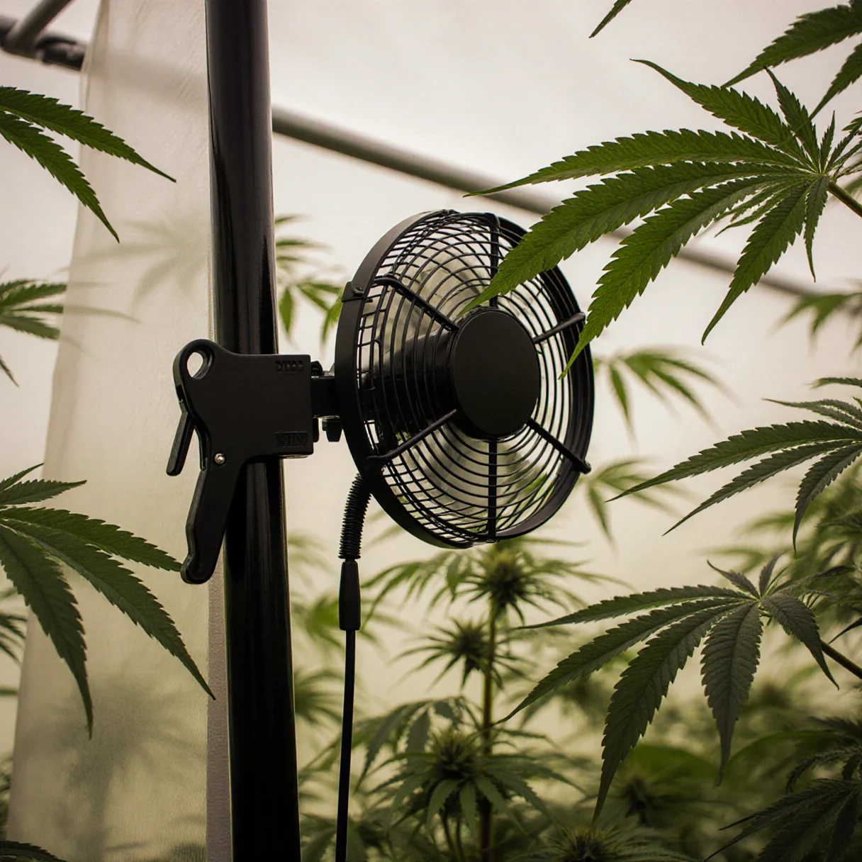 An oscillating fan moving air across a healthy cannabis canopy to prevent cannabis heat stress