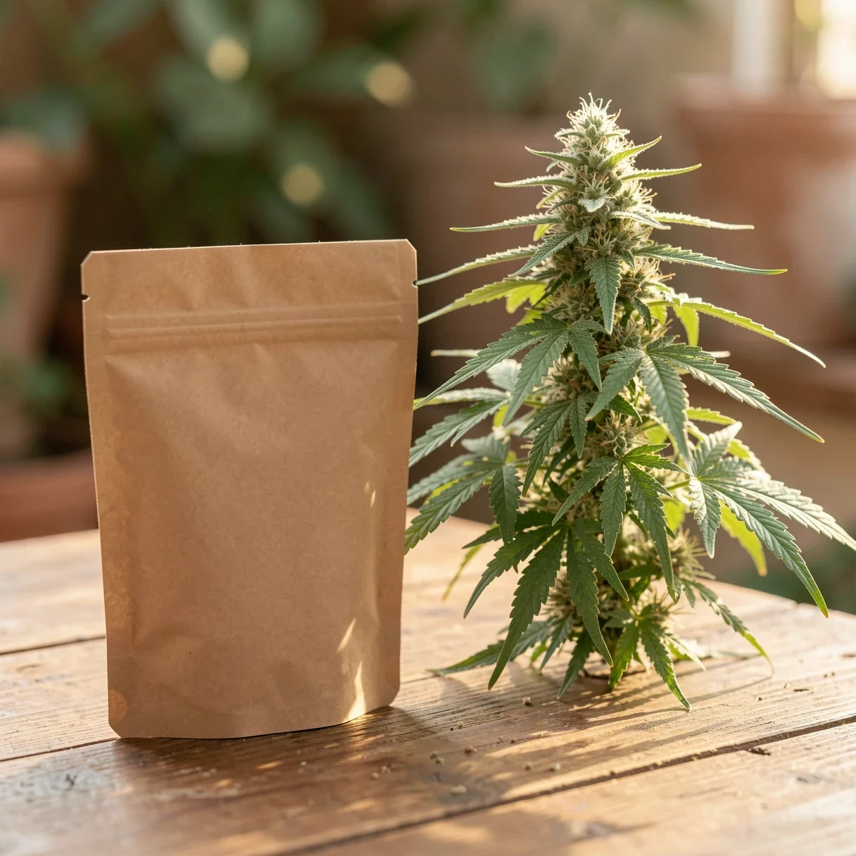 A Lighthouse Genetics feminized cannabis seed pack beside a healthy female plant