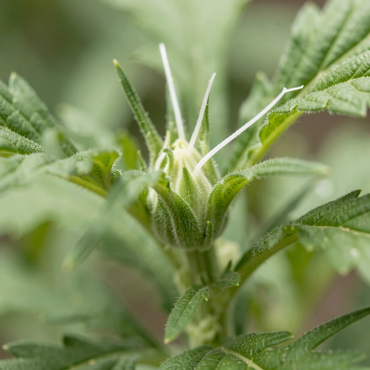 Close-up of a female cannabis plant pre-flower showing two white pistils at the node
