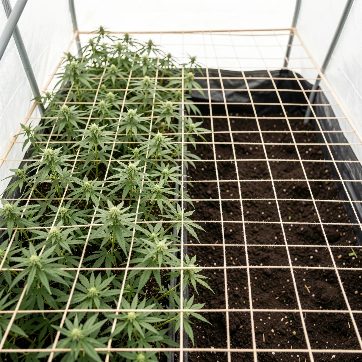SCROG screen half filled with vegetative cannabis growth before the flip to flower