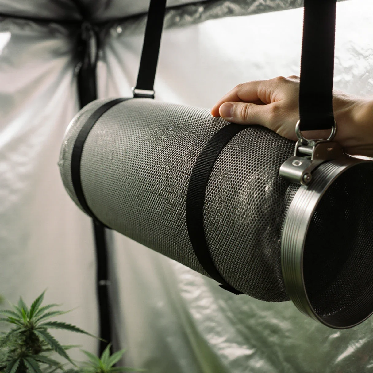 A cylindrical mesh filter canister suspended by straps inside a grow tent with flexible ducting attached