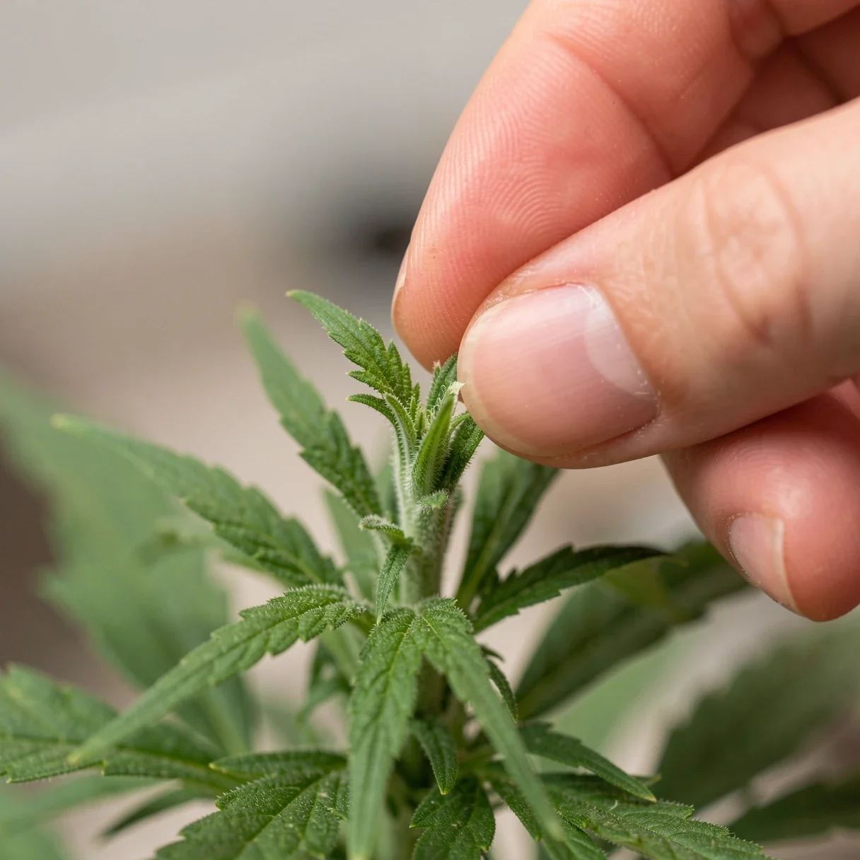Fingers pinching off most of the new growth tip of a cannabis plant for a FIM cut