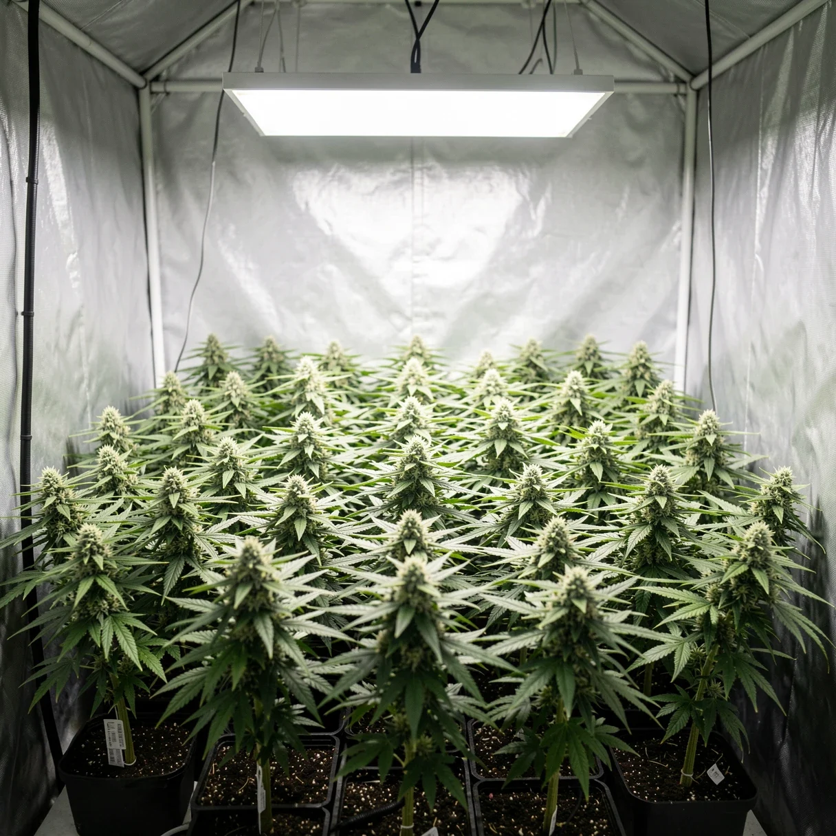 A flat even canopy of topped cannabis plants filling a grow tent under LED light