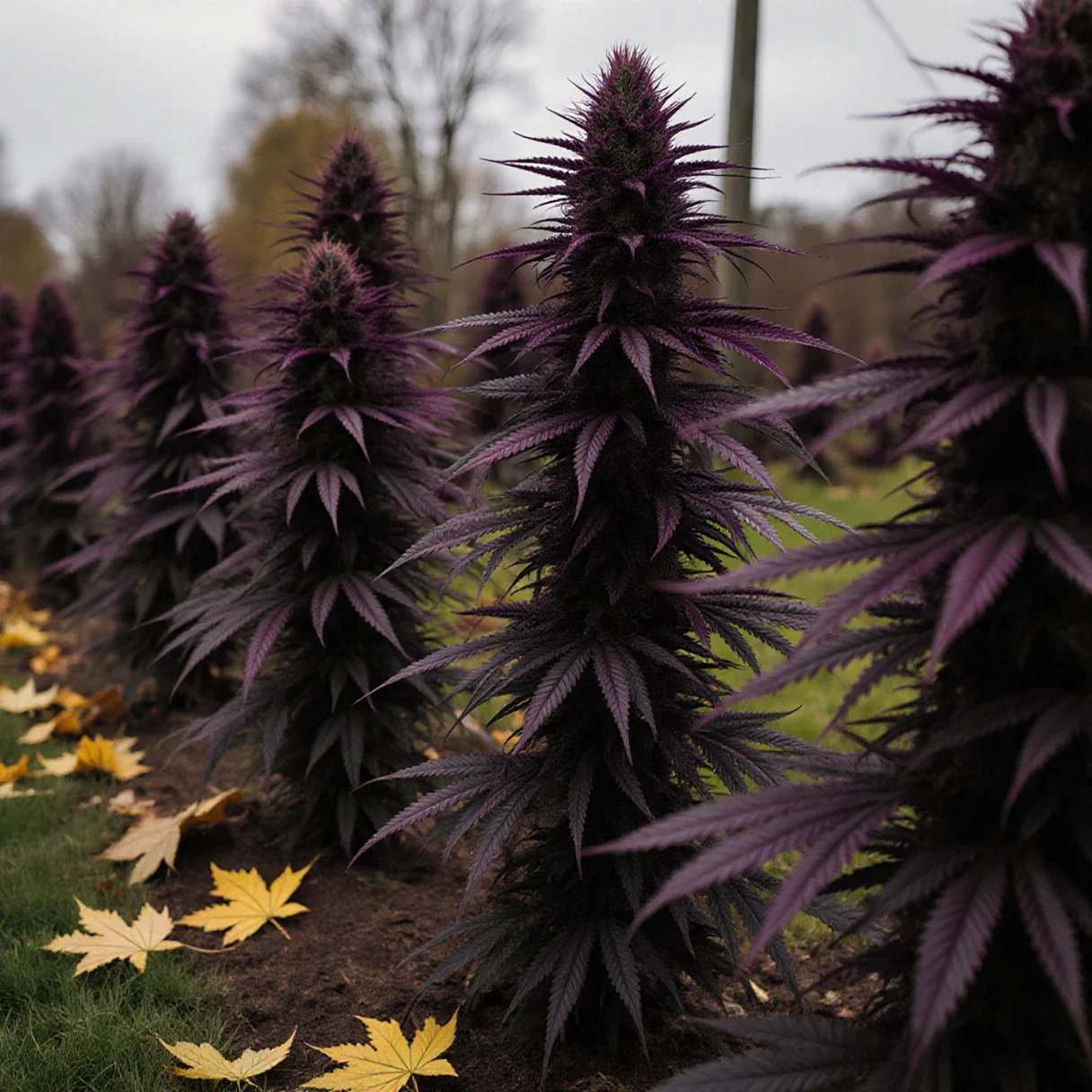 A row of flowering cannabis plants in a cool autumn garden, several with dark purple buds and leaves