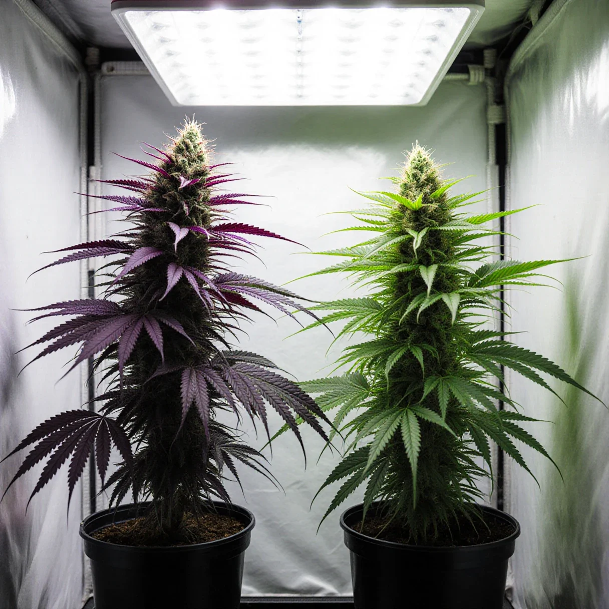 Two flowering cannabis plants side by side in the same grow tent, one with deep purple leaves and one fully green