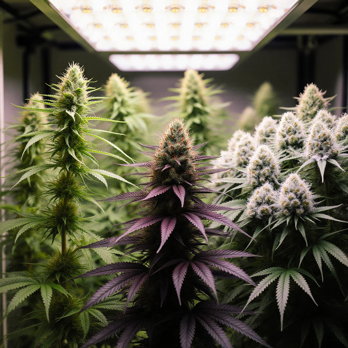A row of flowering cannabis plants of different cultivars side by side in a grow room, showing how genetics vary