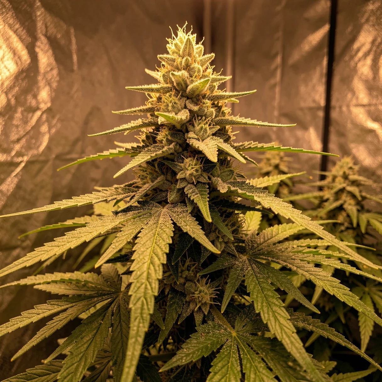 A mature high-THC cannabis mother plant in flower under grow lights