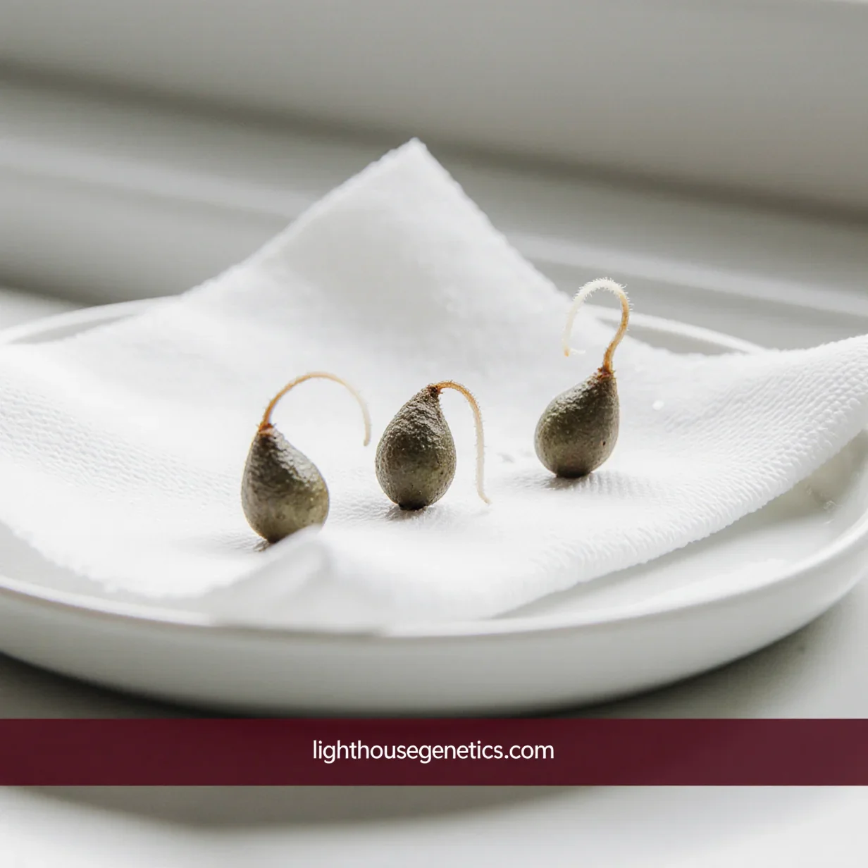 Germinating cannabis seeds — cannabis seeds with white taproots emerging using paper towel method