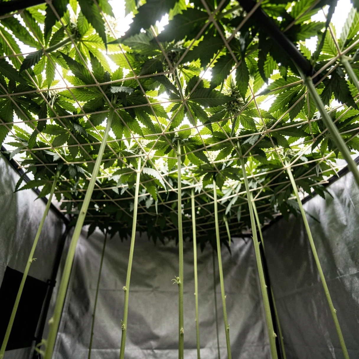 Bare lower stems under a flat SCROG canopy after clearing out the understory