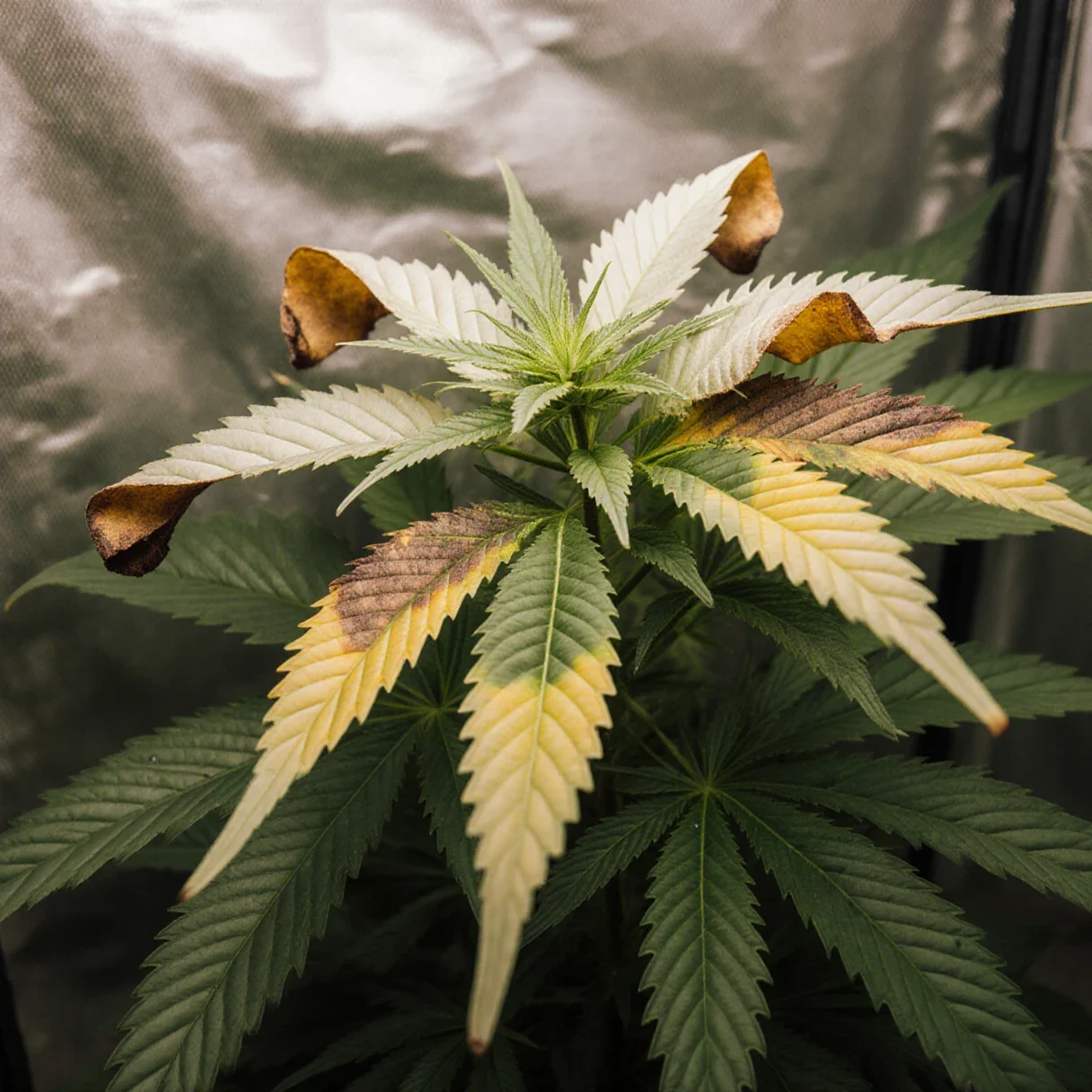 A cannabis plant showing heat damage on the top leaves with healthy green growth lower down