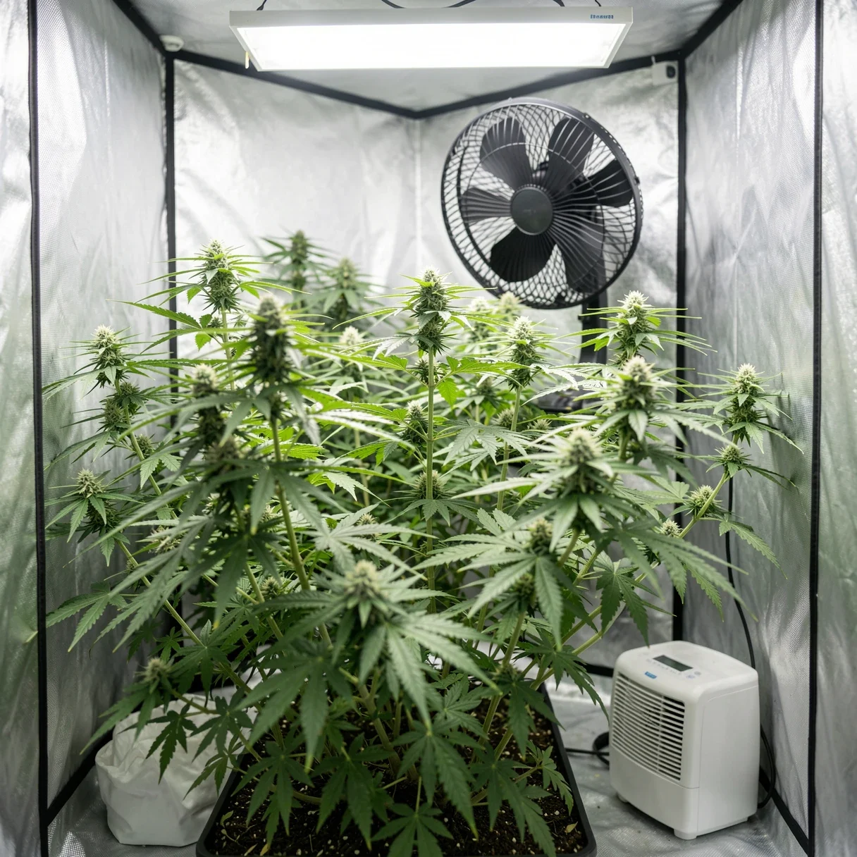 Good airflow from an oscillating fan and a dehumidifier in a grow tent to prevent cannabis bud rot