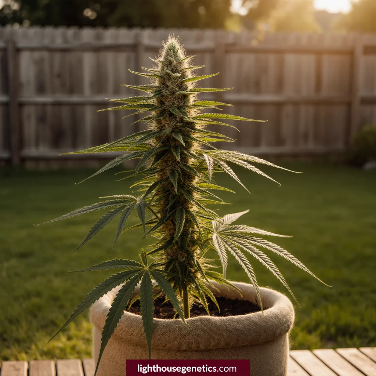 Growing cannabis outdoors in Canada — mid-flower cannabis plant in fabric pot on Canadian backyard deck