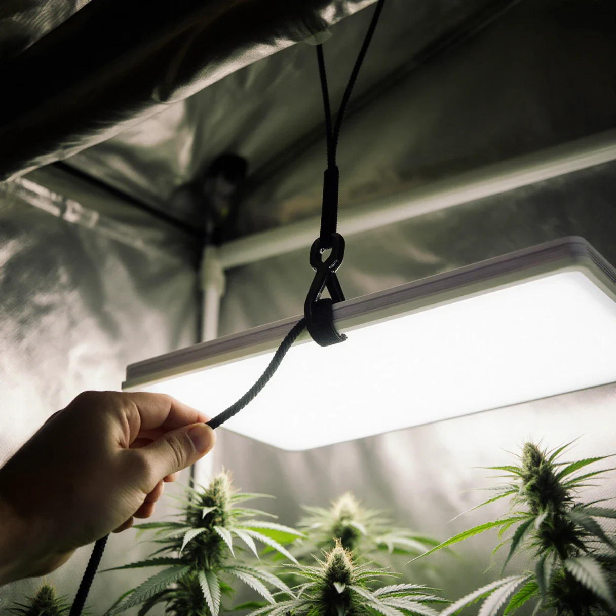 A grower's hand adjusting the hanging height of a white LED panel above flowering cannabis plants in a grow tent