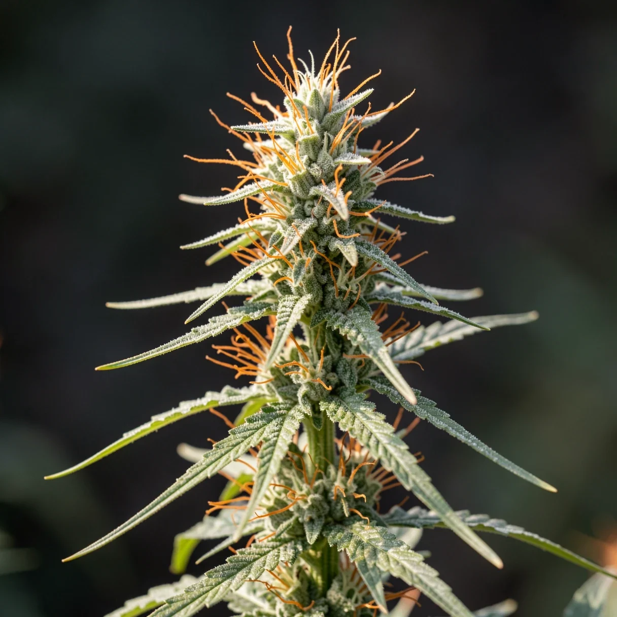 A tall, frosty sativa-leaning cannabis bud with long orange pistils, typical of the Haze family